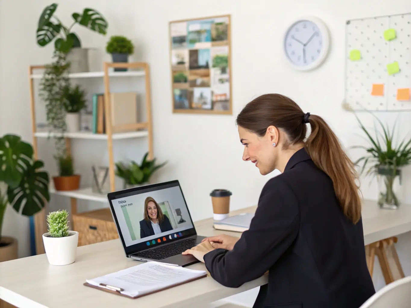 A professional candidate in business attire confidently participating in a job interview, showcasing their skills and experience.