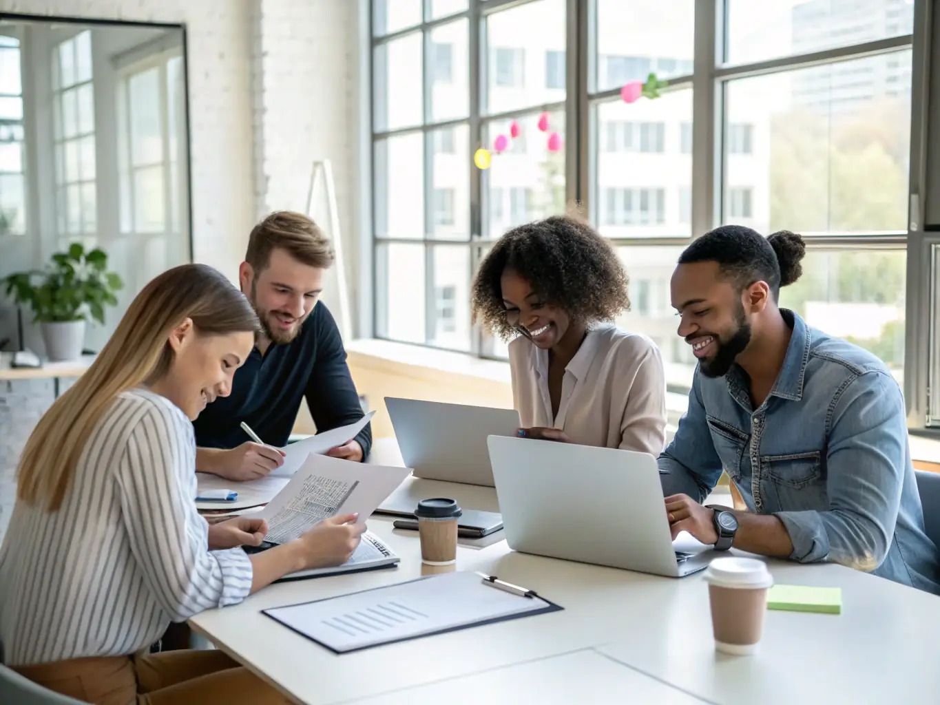 A diverse team of employees is collaborating in a bright and modern office, showcasing the benefits of employee leasing and flexible workforce solutions provided by HR Partnerzy.