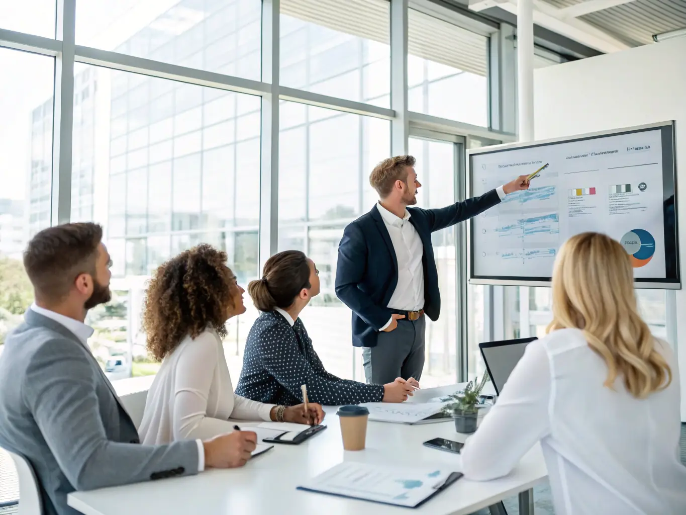 A consultant is presenting HR data and insights to a management team, illustrating the value of HR consulting in optimizing HR policies and improving employee engagement.