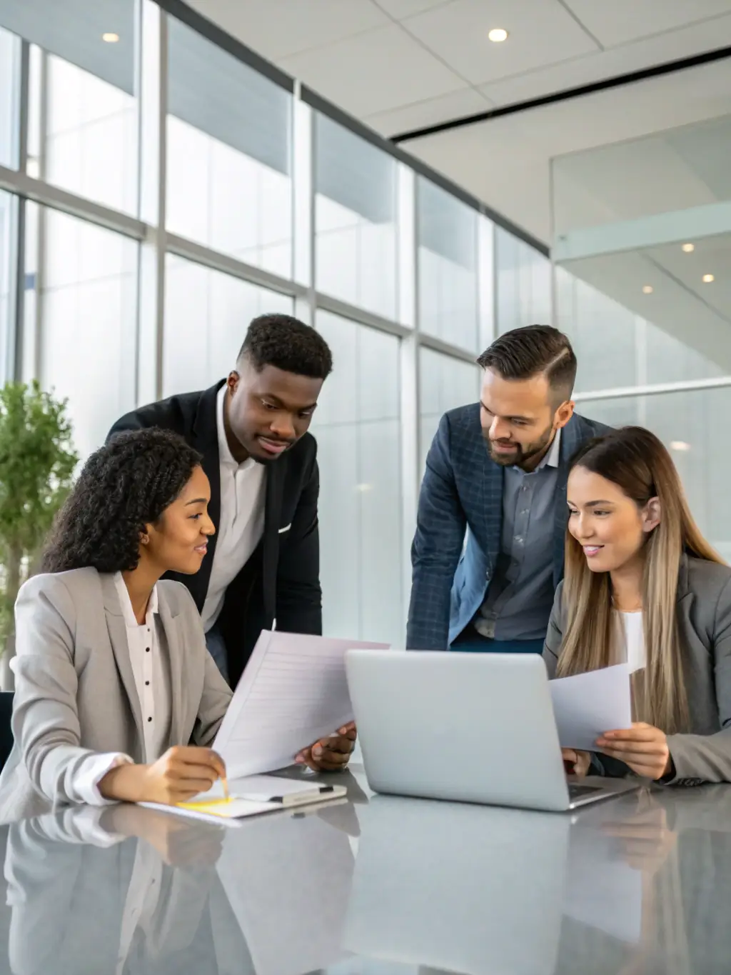 A diverse team of HR professionals collaborating in a modern, bright office, symbolizing HR Partnerzy's commitment to teamwork and expertise.
