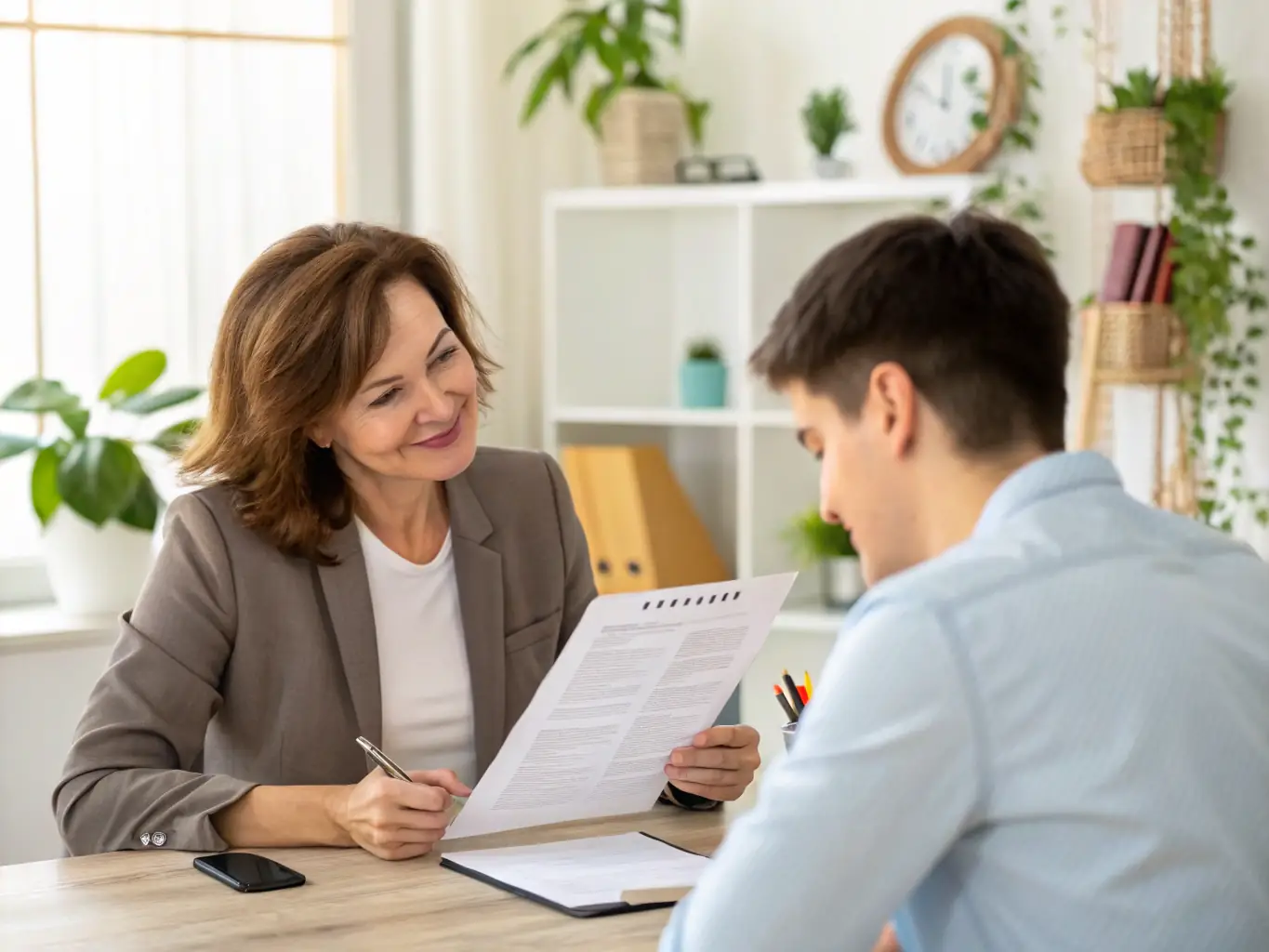 A friendly HR professional assisting a candidate with their resume, providing guidance and support in their job search.